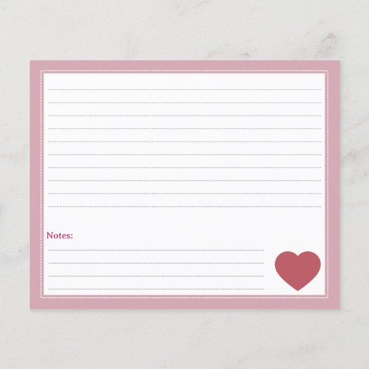 赤いハート素朴ブライダルシャワーピンクレシピカード (裏面)