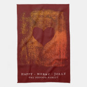 赤いハート芸術的スケッチファミリークリスマス キッチンタオル (縦)