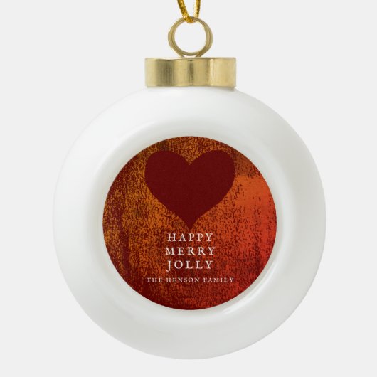 赤いハート芸術的スケッチファミリークリスマス セラミックボールオーナメント (正面)