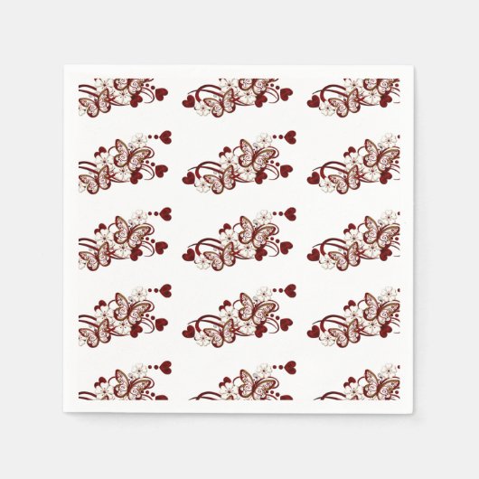 赤いハート蝶パターンナプキンス スタンダードカクテルナプキン (正面)