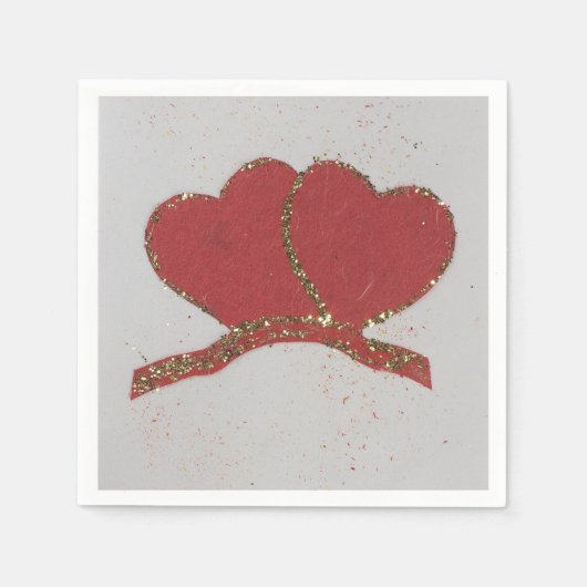赤いハート金ゴールドスパークルバレンタイン スタンダードカクテルナプキン (正面)
