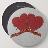 赤いハート金ゴールドスパークルバレンタイン 缶バッジ (正面&裏面)