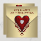 赤いハート金ゴールド50結婚周年記念パーティー 招待状 (正面/裏面)