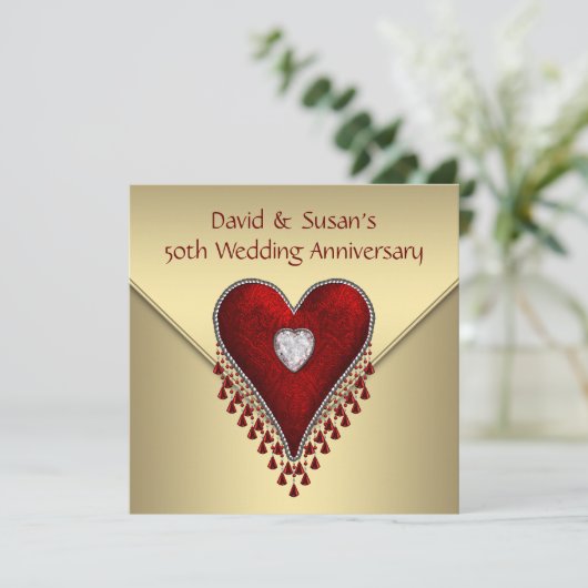 赤いハート金ゴールド50結婚周年記念パーティー 招待状 (スタンド正面)