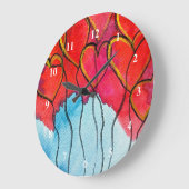 赤いハート風船バレンタイン水色 ラージ壁時計 (傾斜)