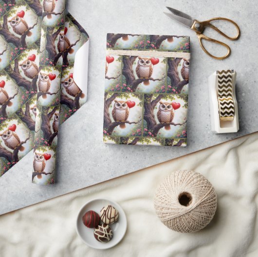 赤いハート風船付きフクロウ ラッピングペーパー (クラフト)