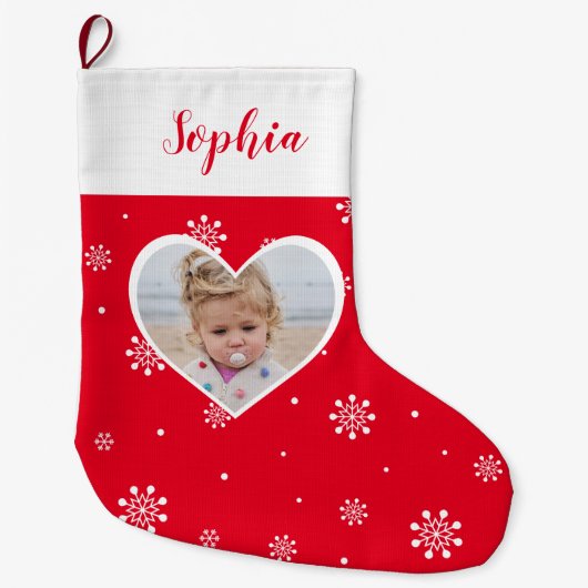 赤いハート&スノーフレーク | クリスマスカスタム写真 ラージクリスマスストッキング (正面)