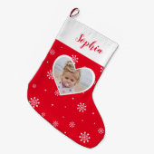 赤いハート&スノーフレーク | クリスマスカスタム写真 ラージクリスマスストッキング (正面 (吊り時))