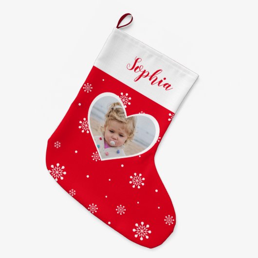 赤いハート&スノーフレーク | クリスマスカスタム写真 ラージクリスマスストッキング (正面 (吊り時))