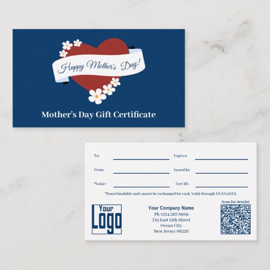 赤いハート　ハッピー・マザーズ・デイ　ギフト・証明書 ロイヤリティカード (正面/裏面)