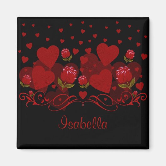 赤いハート、バレンタインの日のための赤いバラ磁石 マグネット (正面)