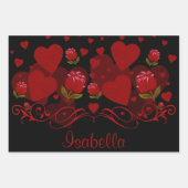 赤いハート、バレンタインデーのための赤いバラ ラッピングペーパーシート (正面2)