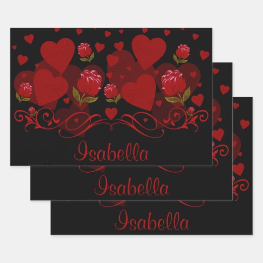 赤いハート、バレンタインデーのための赤いバラ ラッピングペーパーシート (セット)