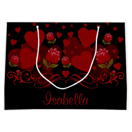 赤いハート、バレンタインデーのための赤いバラ ラージペーパーバッグ (正面)