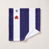 赤いハート&モノグラムon navy blue & white ストライプの バスタオルセット (ウォッシュタオル)