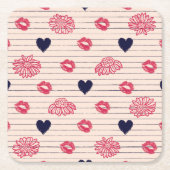 赤いハート、唇、ダリアの模様。 スクエアペーパーコースター (正面)