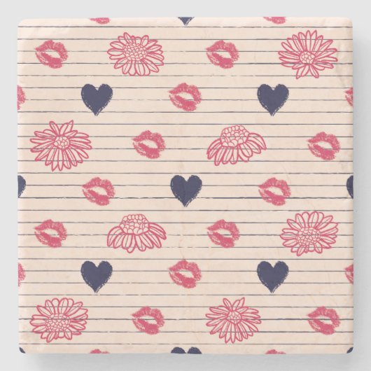 赤いハート、唇、ダリアの模様。 ストーンコースター (正面)