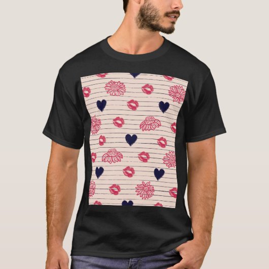 赤いハート、唇、デイジーパターン。 Tシャツ (正面)