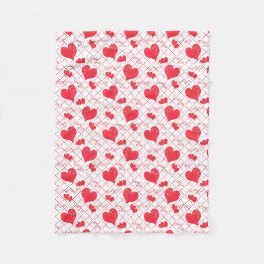 赤いハート、文字、"愛する"、赤と白。 フリースブランケット (正面)
