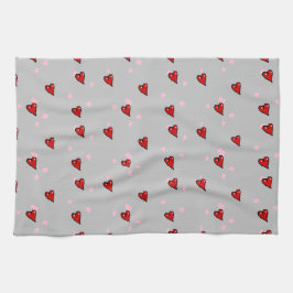 赤いハート(灰色) キッチンタオル