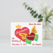 赤いハート、蝶の日付を保存 ポストカード (スタンド正面)