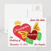 赤いハート、蝶の日付を保存 ポストカード (正面/裏面)