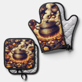 赤いハートDe付き銀耐熱性オーブンミット 鍋つかみ&鍋敷きセット (正面/裏面)