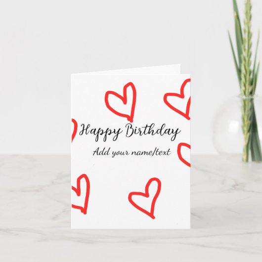 赤いハートshapehappy誕生日の追加の名前文字シンプル カード (正面)