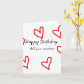 赤いハートshapehappy誕生日の追加の名前文字シンプル カード (黄色い花)