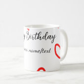 赤いハートshapehappy誕生日の追加の名前文字シンプル コーヒーマグカップ (正面右)