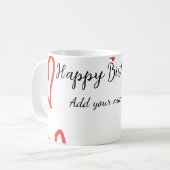 赤いハートshapehappy誕生日の追加の名前文字シンプル コーヒーマグカップ (正面左)