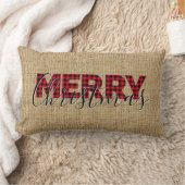 赤いバイソン柄とカリグラフィーのかわいいクリスマス ランバークッション (ブランケット)