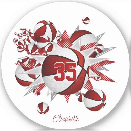 赤いバスケットボールが女の子のジャージー番号を星にする シール (正面)