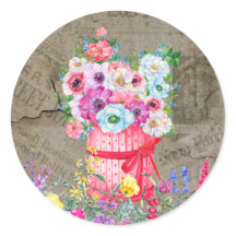 赤いバスケット、水彩花、ヴィンテージ新聞