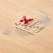 赤いバタフライミニマルス結婚スクリプト アクリル招待状 (レイダウン)