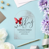 赤いバタフライミニマルス結婚スクリプト アクリル招待状 (インサイチュ (ウェディング))