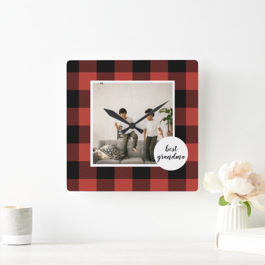 赤いバッファローのプライ最高のドおばあちゃんのプレゼント写真と スクエア壁時計 (ホーム)