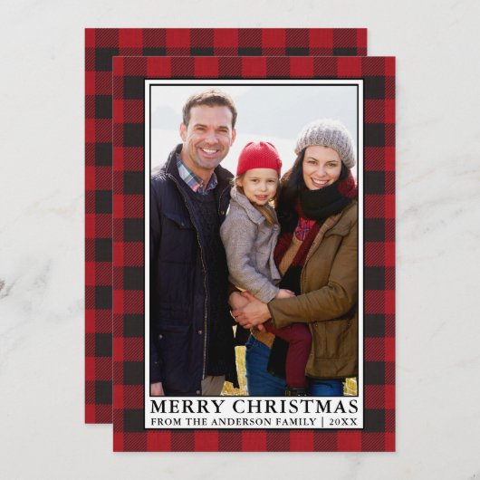 赤いバッファローの格子柄の家族の写真クリスマス シーズンカード (正面/裏面)
