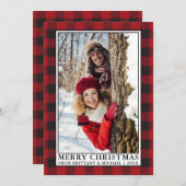 赤いバッファローの格子柄カップル写真クリスマス シーズンカード (正面/裏面)