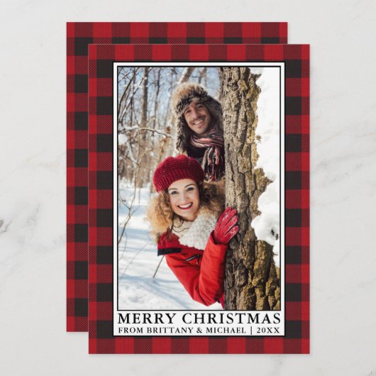 赤いバッファローの格子柄カップル写真クリスマス シーズンカード (正面/裏面)