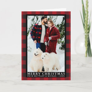 赤いバッファローの格子模様カップル写真クリスマスフォールド シーズンカード