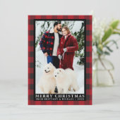赤いバッファローの格子模様カップル写真メリークリスマス シーズンカード (スタンド正面)