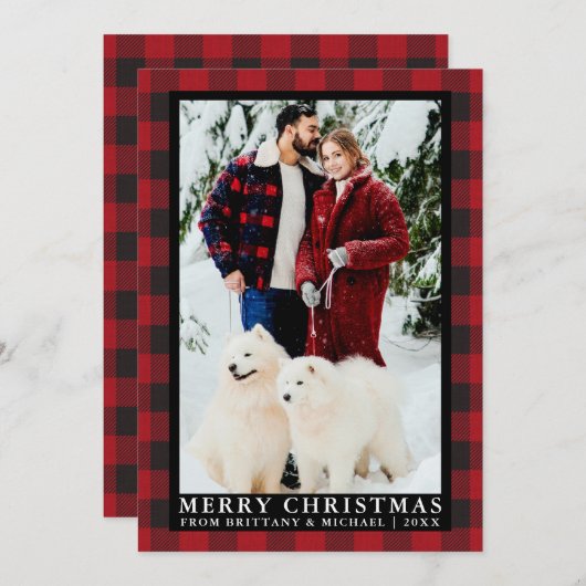 赤いバッファローの格子模様カップル写真メリークリスマス シーズンカード (正面/裏面)