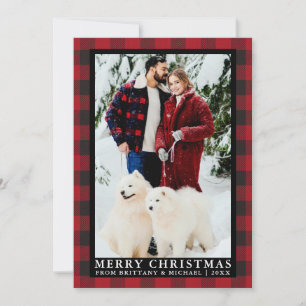 赤いバッファローの格子模様カップル写真メリークリスマス シーズンカード