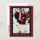 赤いバッファローの格子模様カップル写真メリークリスマス ポストカード (正面/裏面)