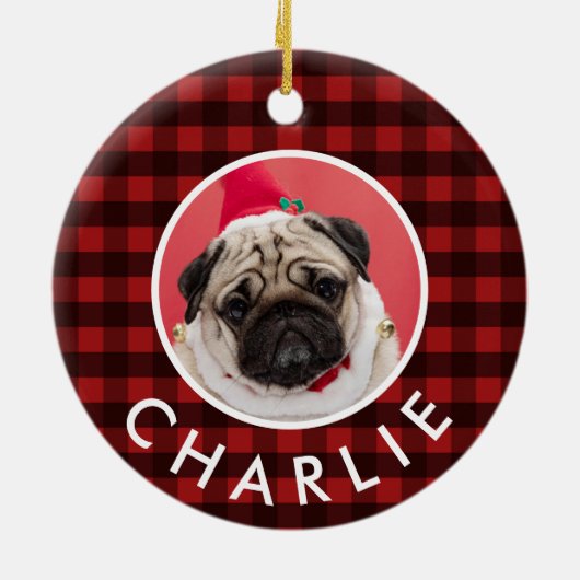 赤いバッファローの格子犬の写真 セラミックオーナメント (裏面)