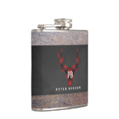 赤いバッファローの格子縞のシカの頭部のモノグラム フラスク (右)