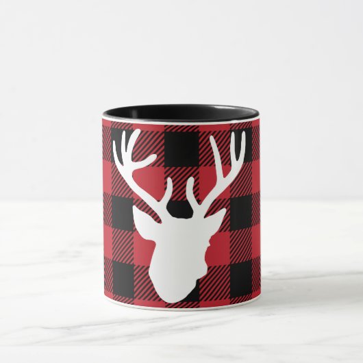 赤いバッファローの格子縞のシカの頭部 マグカップ (中央)