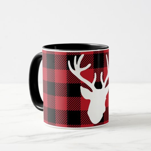 赤いバッファローの格子縞のシカの頭部 マグカップ (正面左)