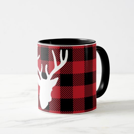 赤いバッファローの格子縞のシカの頭部 マグカップ (正面右)